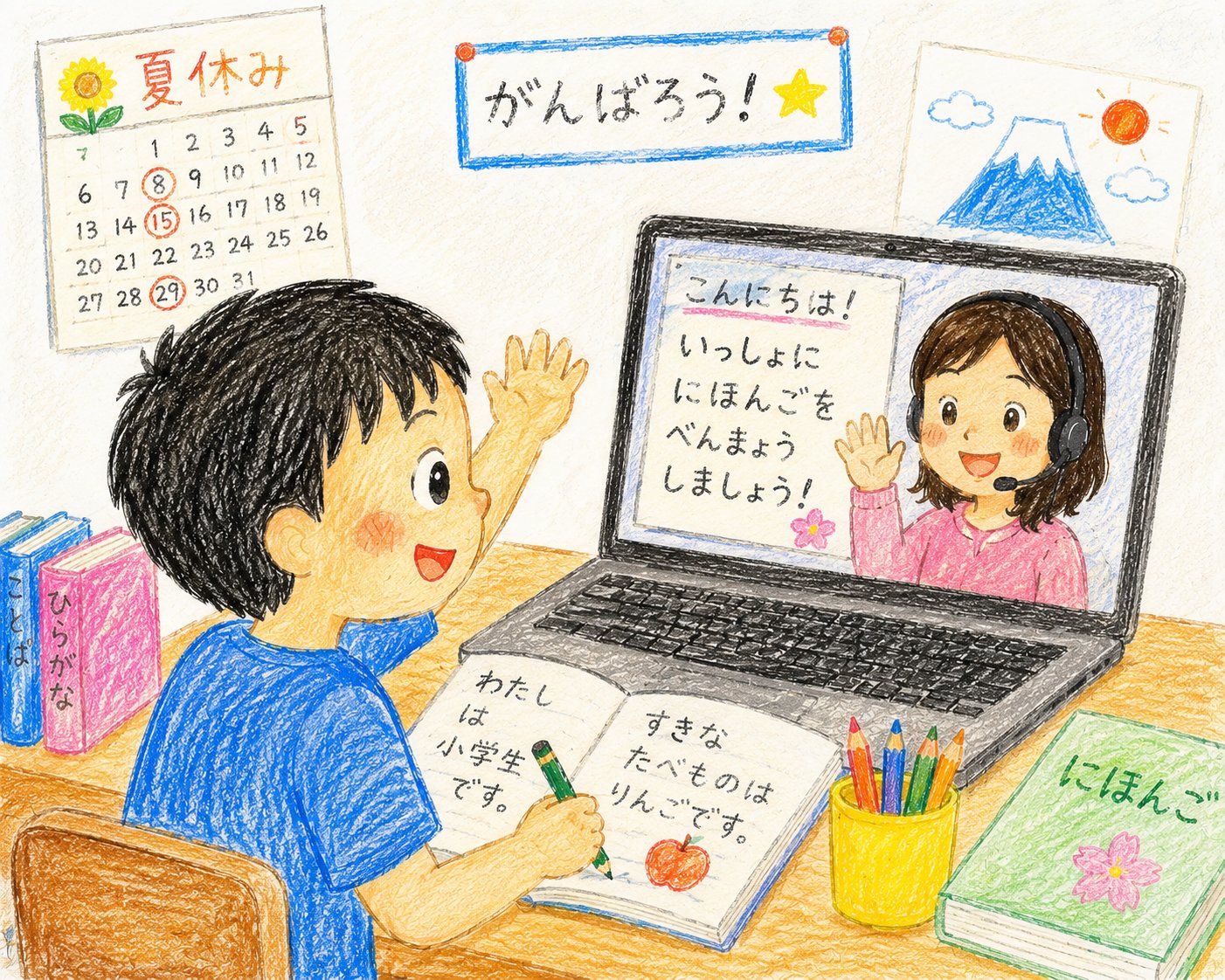 1:1 화상 일본어수업을 받는 학생
