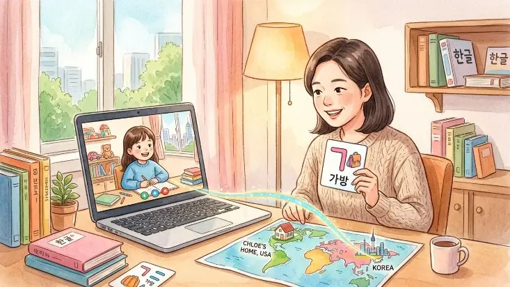 화상 화면으로 선생님과 아이가 한글 카드를 보며 눈을 맞추는 모습