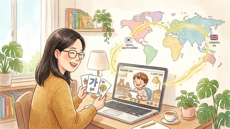 세계지도 위로 한국과 아이가 사는 나라를 잇는 모습, 화상 수업으로 카드를 보여주는 선생님