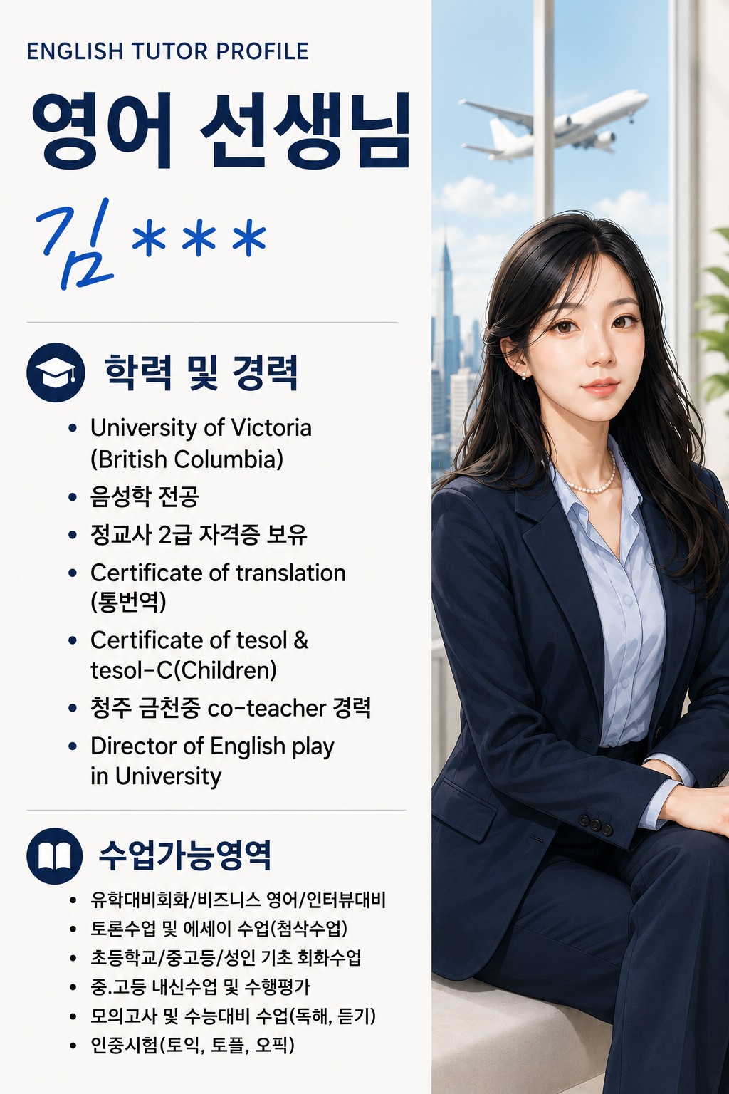 영어 선생님 김○○ 프로필 (University of Victoria)